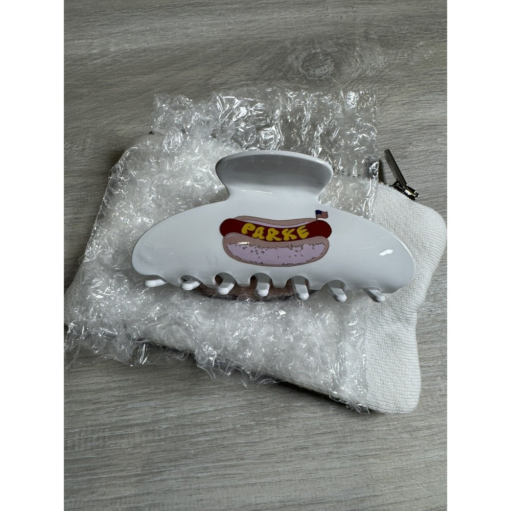 Parke Hot Dog Hair Claw Clip & Embroidered Pouch White Novelty Set